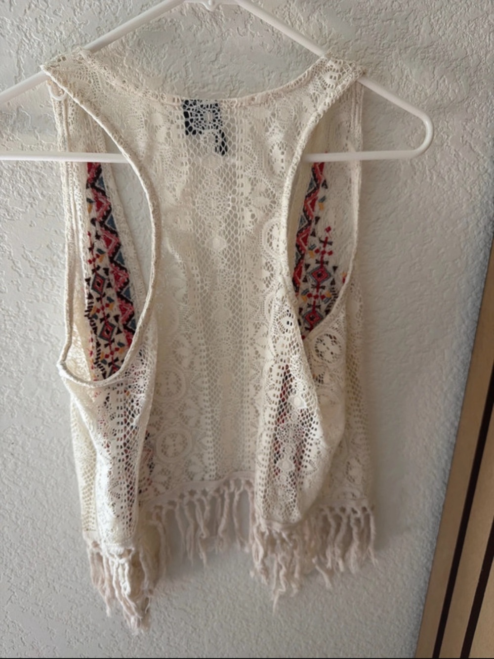 Full Tilt Cream Crochet Fringe Tank with Patterned Trim